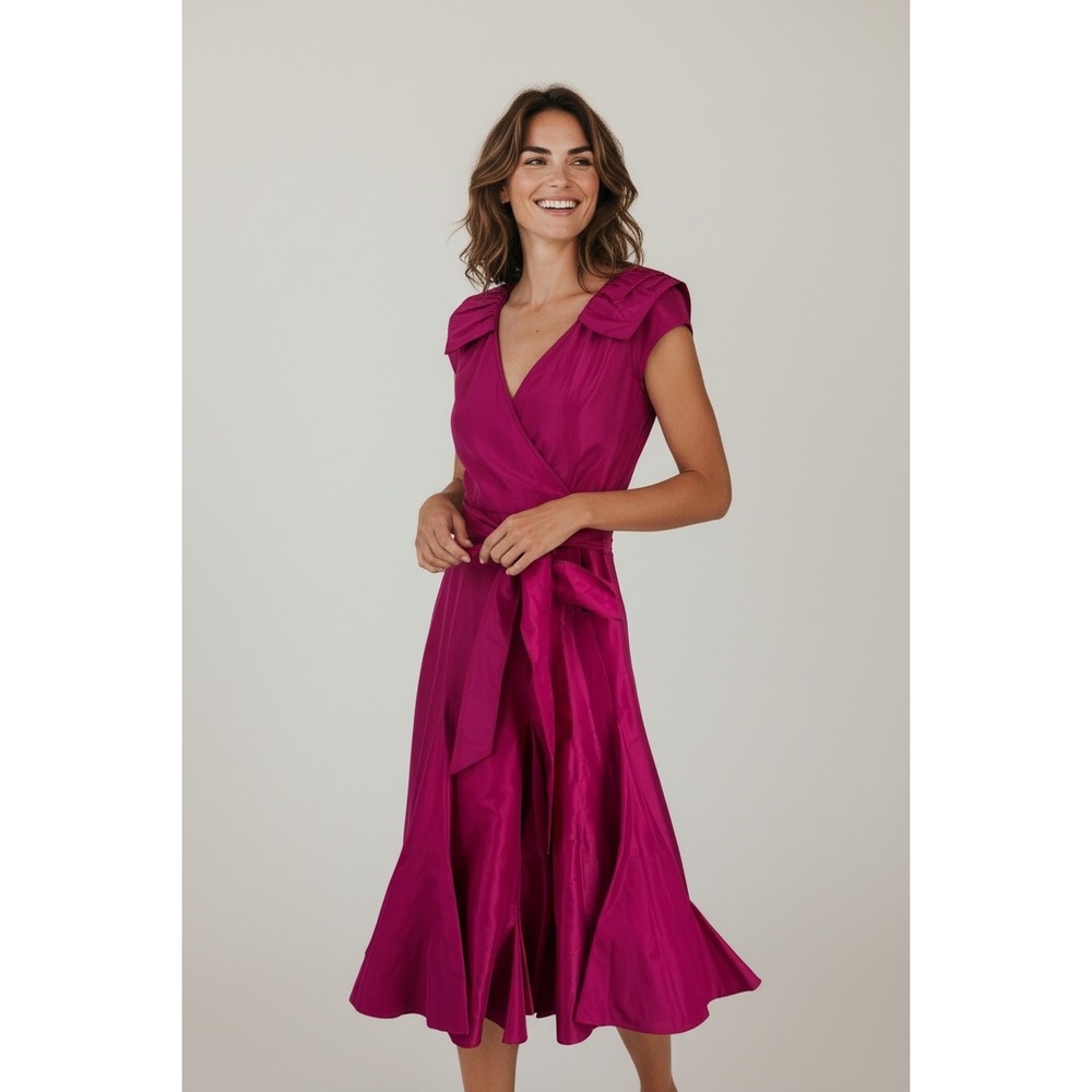 Diane von Furstenberg Dress Size 10 Magenta Pink Silk Wrap Midi Ruffle Sleeve